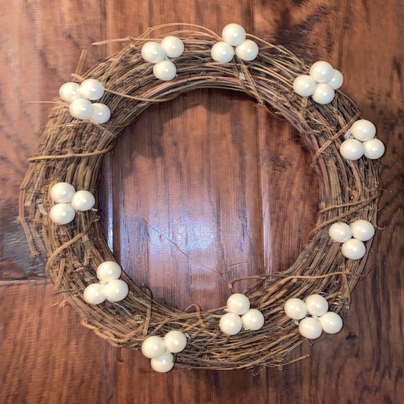 10” round brown twiggy wreath with pearl white berry ball ornaments small decor - Picture 2 of 6